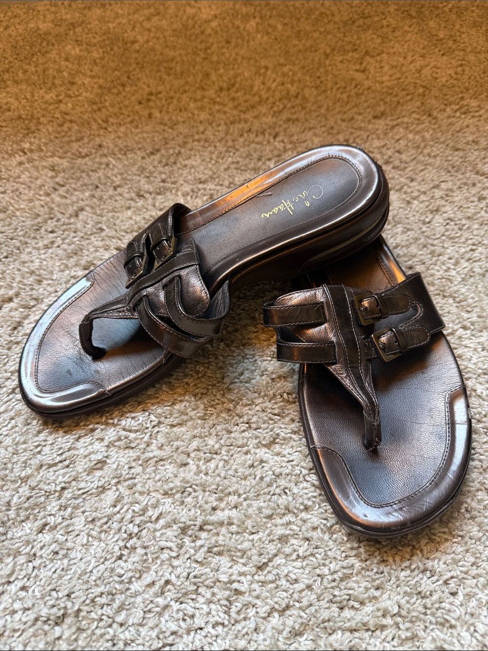 Cole Haan Bronze Leather Buckle Thong Sandals
